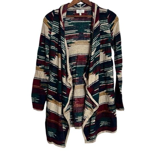 Lucky Brand Striped Aztec Drape Open Front Cardigan Sweater Blue Cream Size XS - Picture 1 of 6